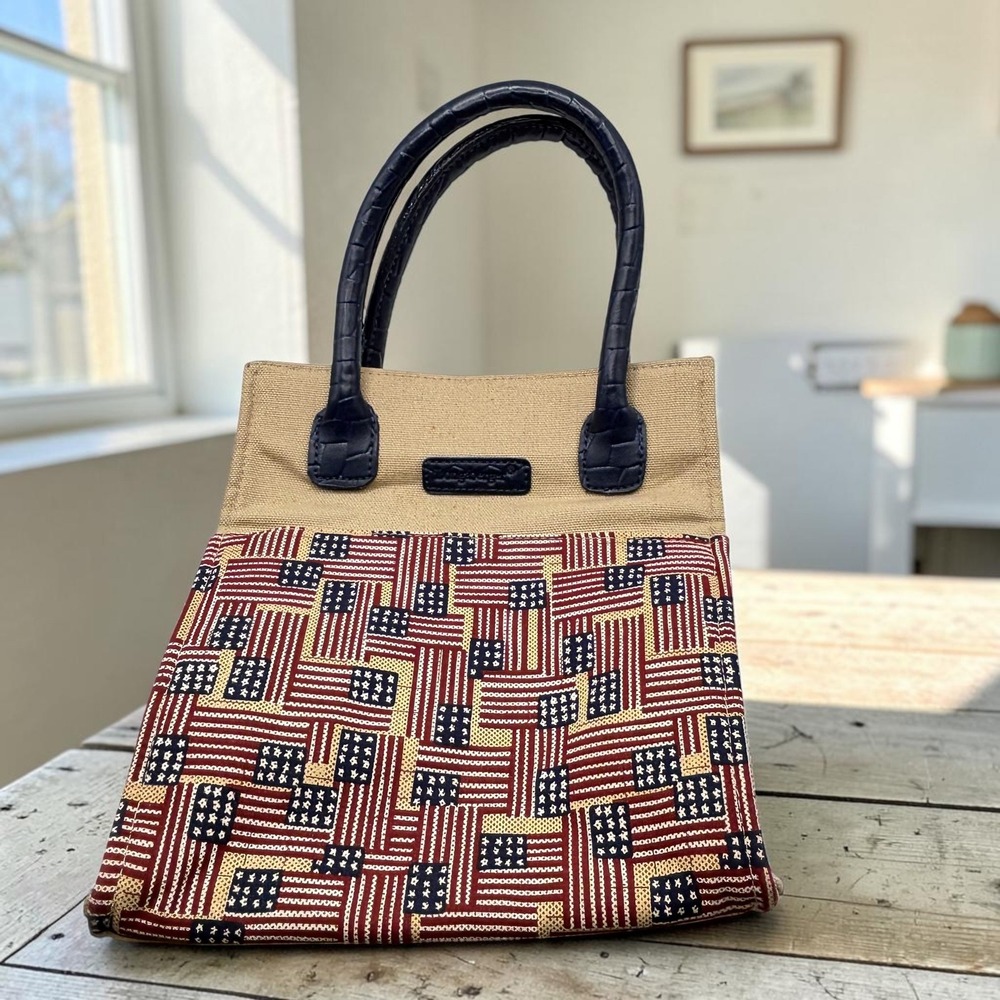 Vintage Tote Bag Longaberger S Tan Red Blue Cotton Canvas American Flag Print